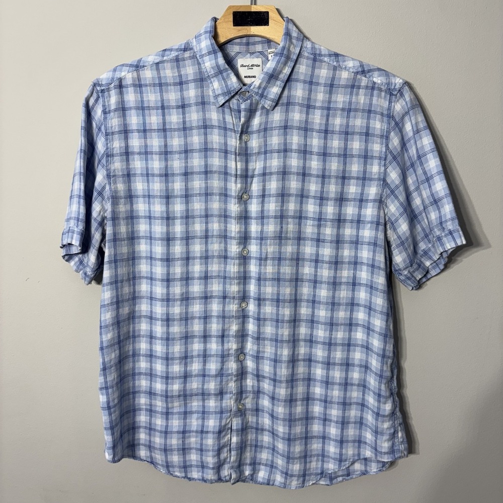 Baird McNutt Murano Shirt‎ Mens Large Blue Plaid Linen Button Up Short Sleeve L